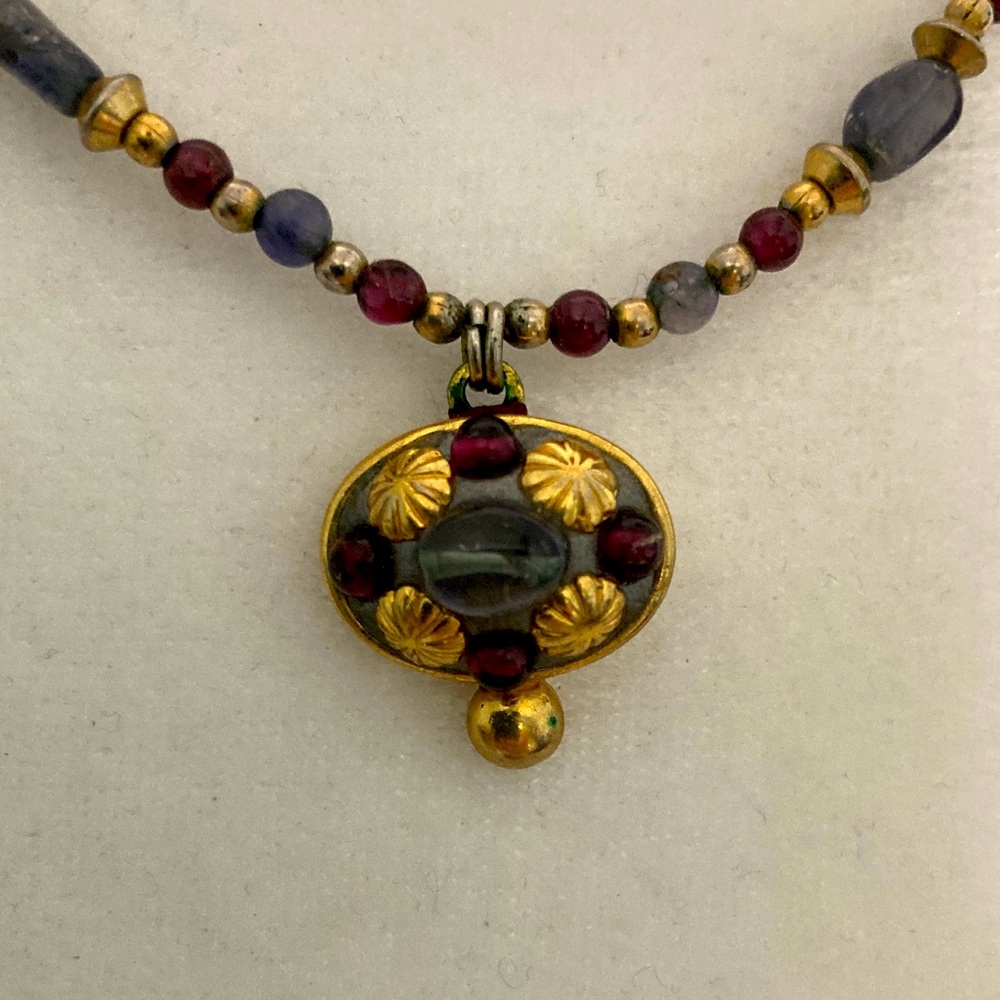 Michel Golan Israeli artist Gold & Red Beaded Necklace with Semi Precious gems.